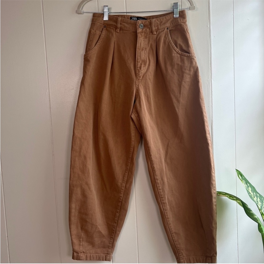 Zara Tan Relaxed Fit Tan Barrel Jean Trousers